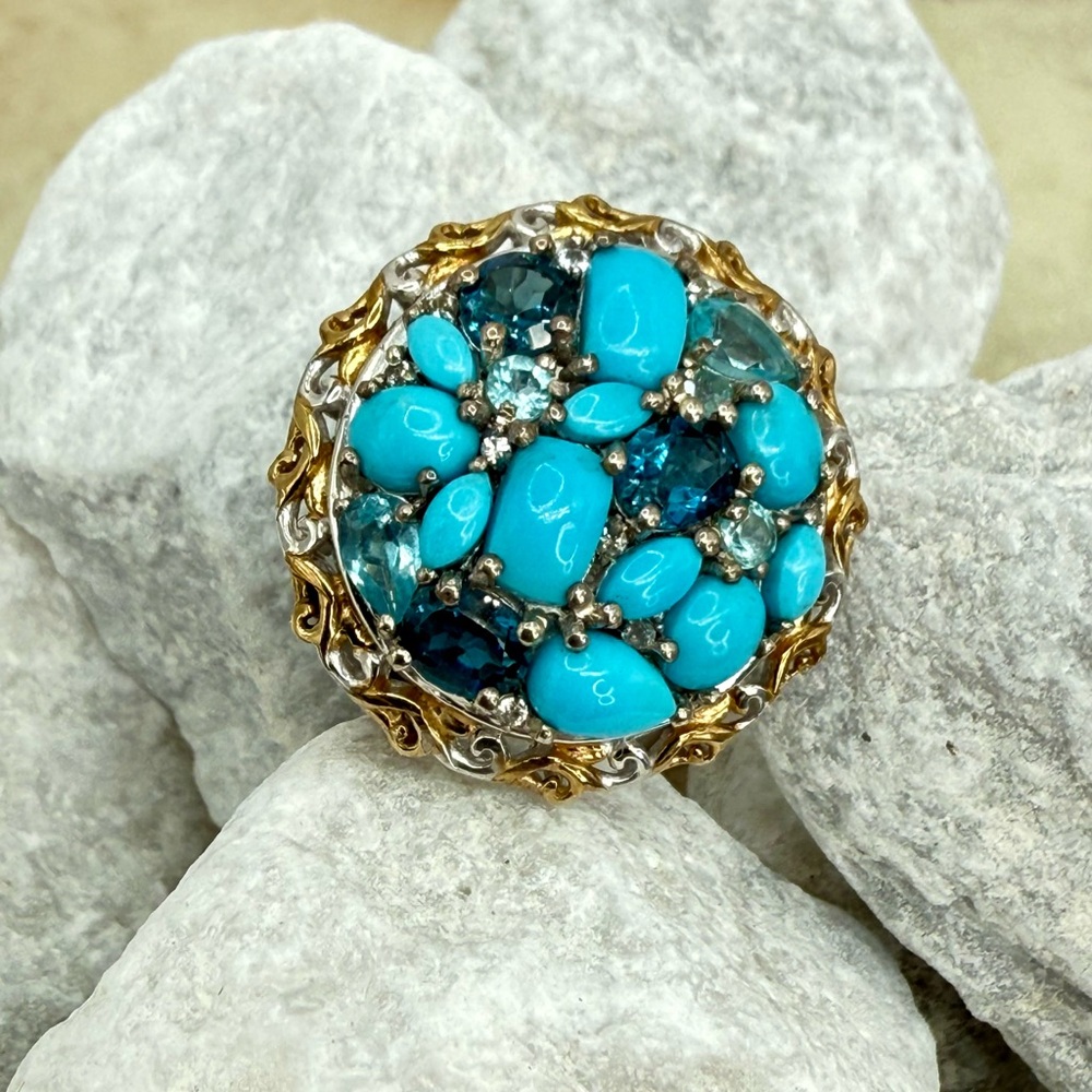 Sleeping Beauty Turquoise & Blue Topaz Pebble Cocktail Ring 5.40 ctw 18K Vermeil